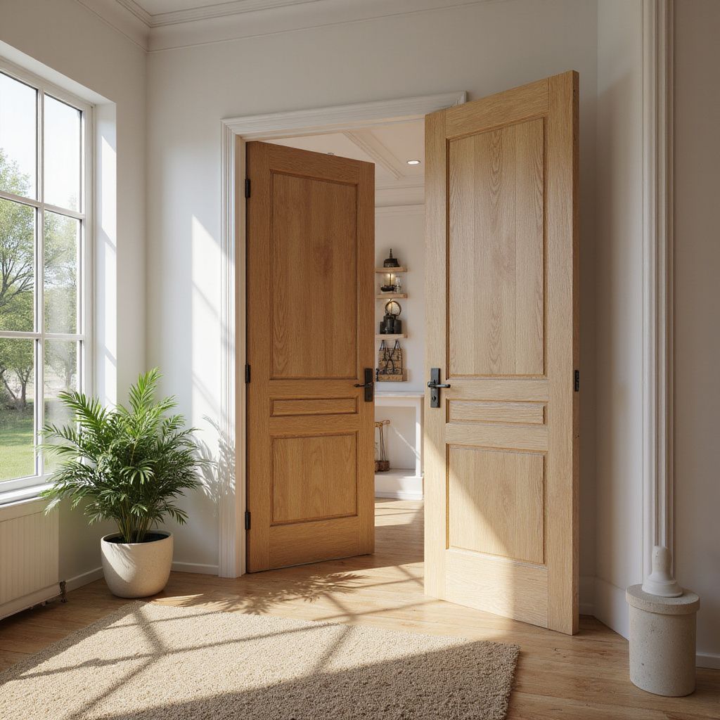 Le porte di legno si aprono su un corridoio soleggiato. Una pianta è in un vaso bianco vicino a una finestra. La luce del sole proietta ombre sul pavimento.