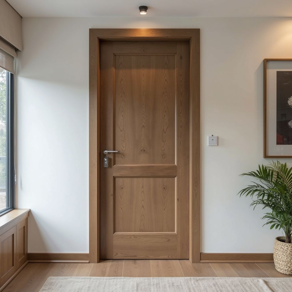 Porta di legno in un corridoio dalle pareti bianche, con una piccola pianta da appartamento e un quadro incorniciato sulla destra.