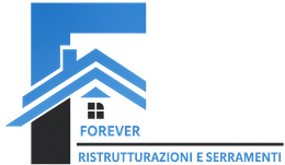 Logo blu e nero con la sagoma di una casa all'interno di una "F", il testo recita "Forever Ristrutturazioni e Serramenti".