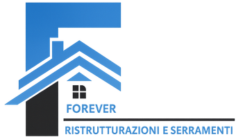 Logo blu e nero con la sagoma di una casa all'interno di una "F", il testo recita "Forever Ristrutturazioni e Serramenti".