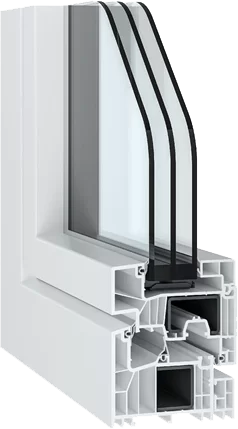 Sezione trasversale di una finestra bianca a triplo vetro, che mette in mostra gli strati di vetro e i dettagli del telaio per l'isolamento.