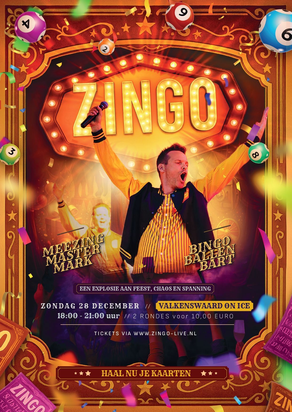 Poster ter promotie van een Zingo-evenement. Een man in een geel jasje zingt in een microfoon. Kleurrijke achtergrond.