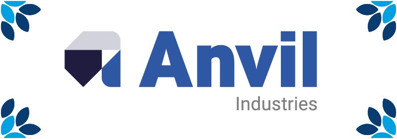 Logo van Anvil Industries met blauwe letters en een abstracte geometrische afbeelding. Decoratieve bladmotieven op de hoeken.