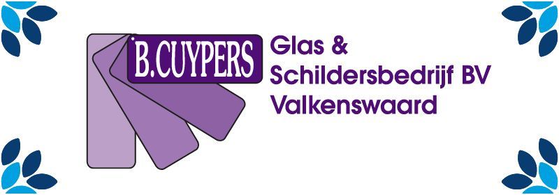 Logo for B. CUYPERS Glas & Schildersbedrijf BV, Valkenswaard. Features shades of purple and blue floral corner accents.