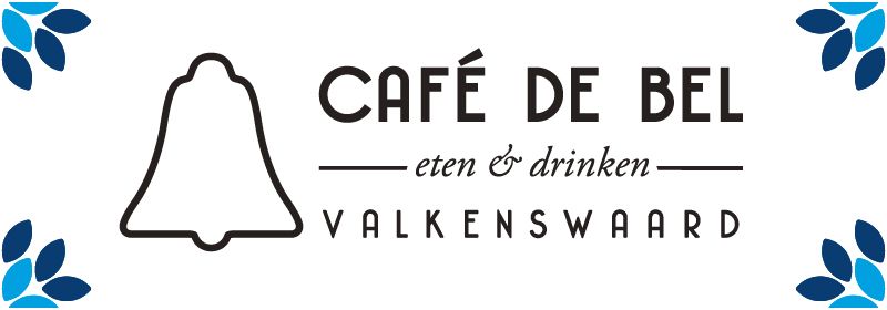Café De Bel-logo met een belpictogram, eten & drinken en Valkenswaard. Versierd met blauwe bloemenhoeken.
