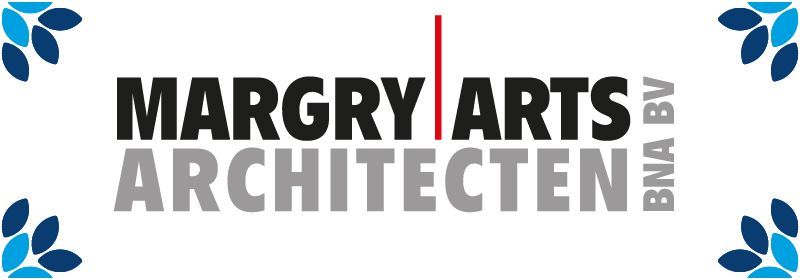 Logo van Margry Arts Architecten BNA BV met abstracte blauwe ontwerpen in de hoeken.