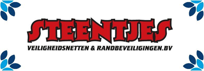 Logo for Steentjes Veiligheidsnetten & Randbeveiligingen B.V. in red text on white background with blue corner decorations.
