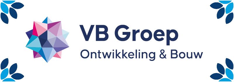 Logo voor VB Groep, een ontwikkelings- en bouwbedrijf. Met een geometrische vorm, tekst en decoratieve elementen.