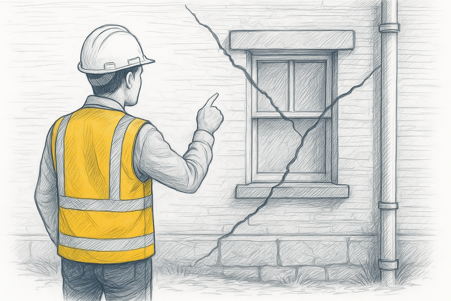 Construction worker pointing at cracked wall near a window. He wears a hard hat and safety vest.
