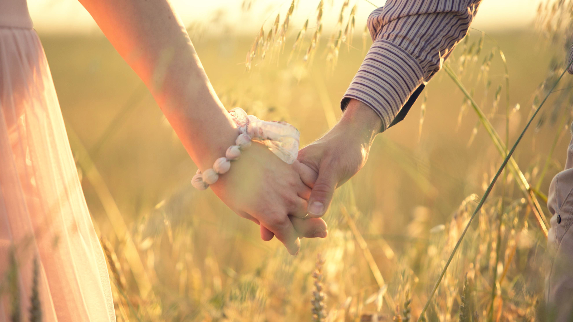 Couple holding hands in a field, sunlight streaming through tall grass.