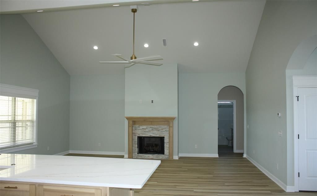 Light blue living room with a fireplace, arched doorway, and ceiling fan.