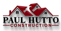 Logo for Paul Hutto Construction: Houses with red roofs over the company name in black letters.