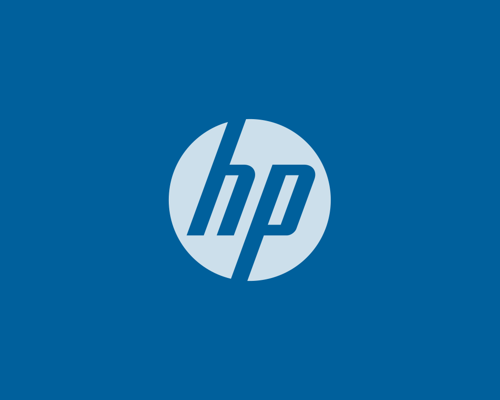 The hp logo is on a blue background