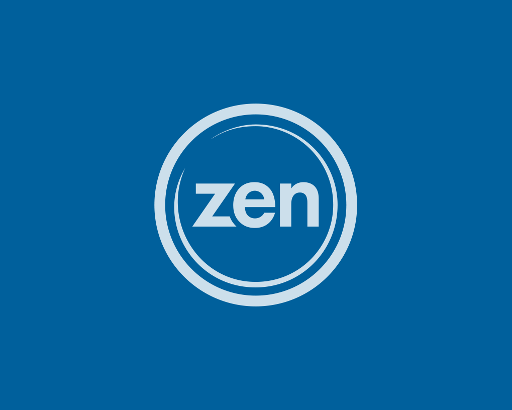 A blue background with the word zen in a white circle