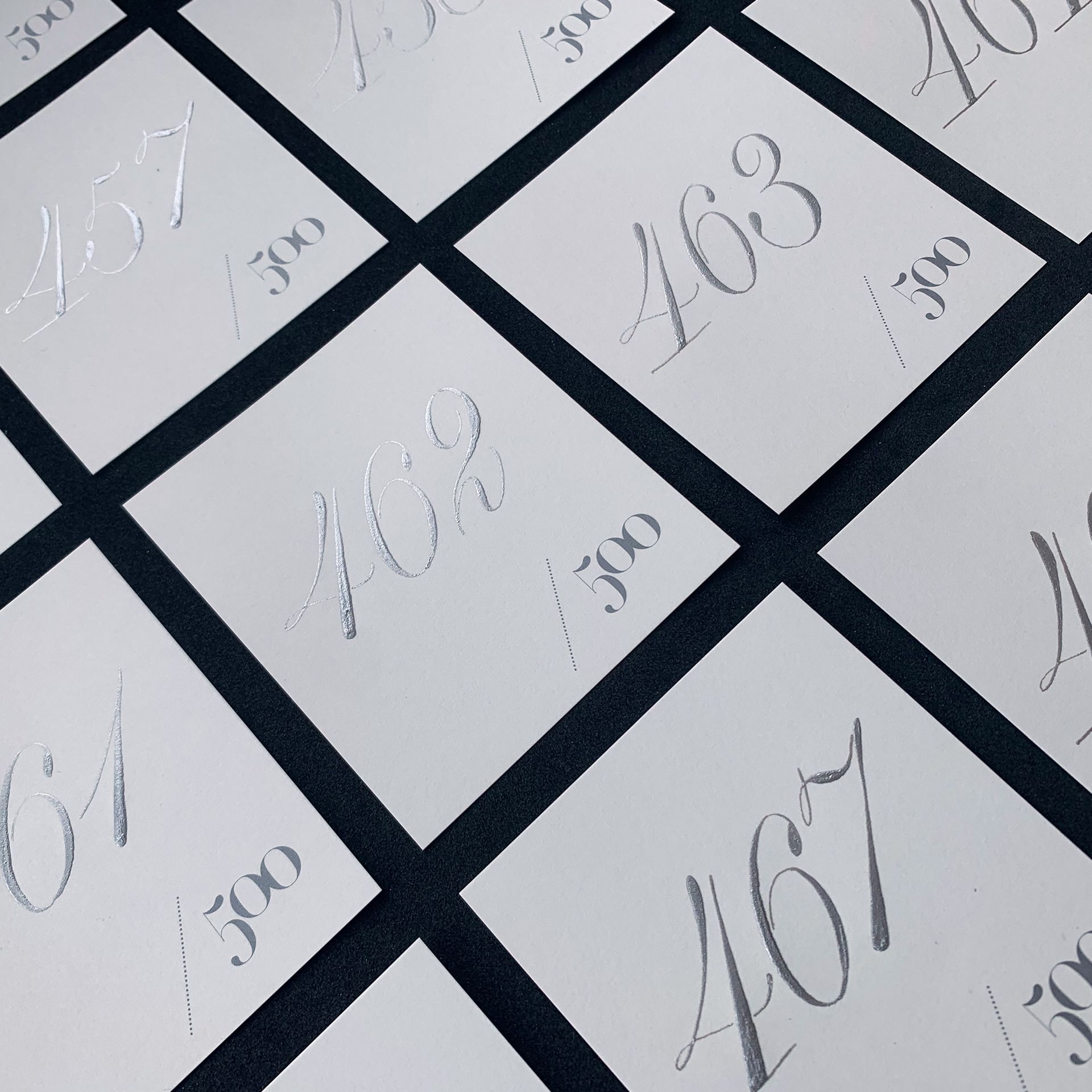 Custom Copperplate numbers for a limited edition for the Biennale of Sydney 2025 using Winsor & Newton metallic silver ink.