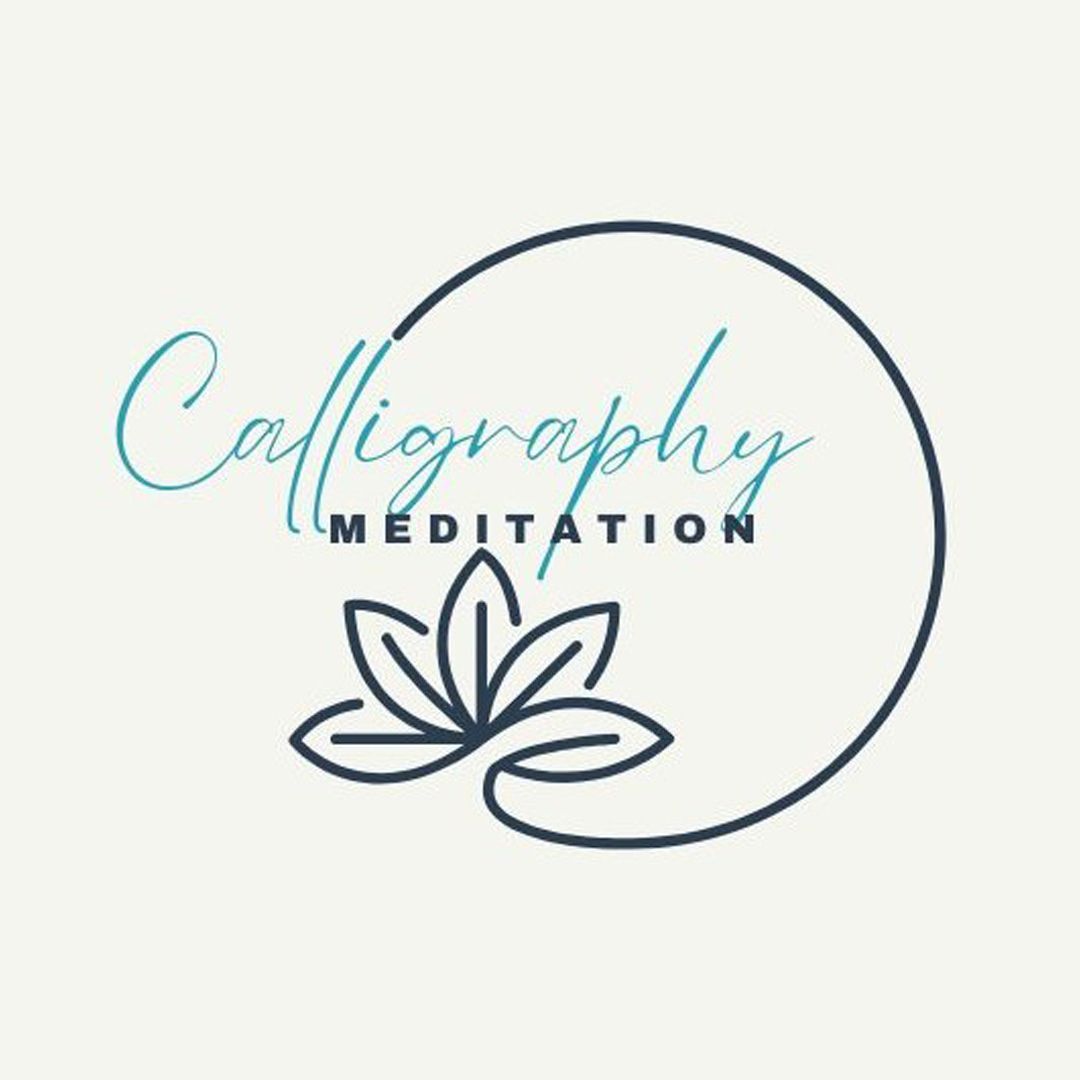Calligraphy Meditation logo with teal script and lotus inside a dark circular line on white background