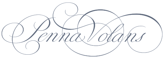 Script flourished logotype with the message 'Penna Volans' by Sybille.