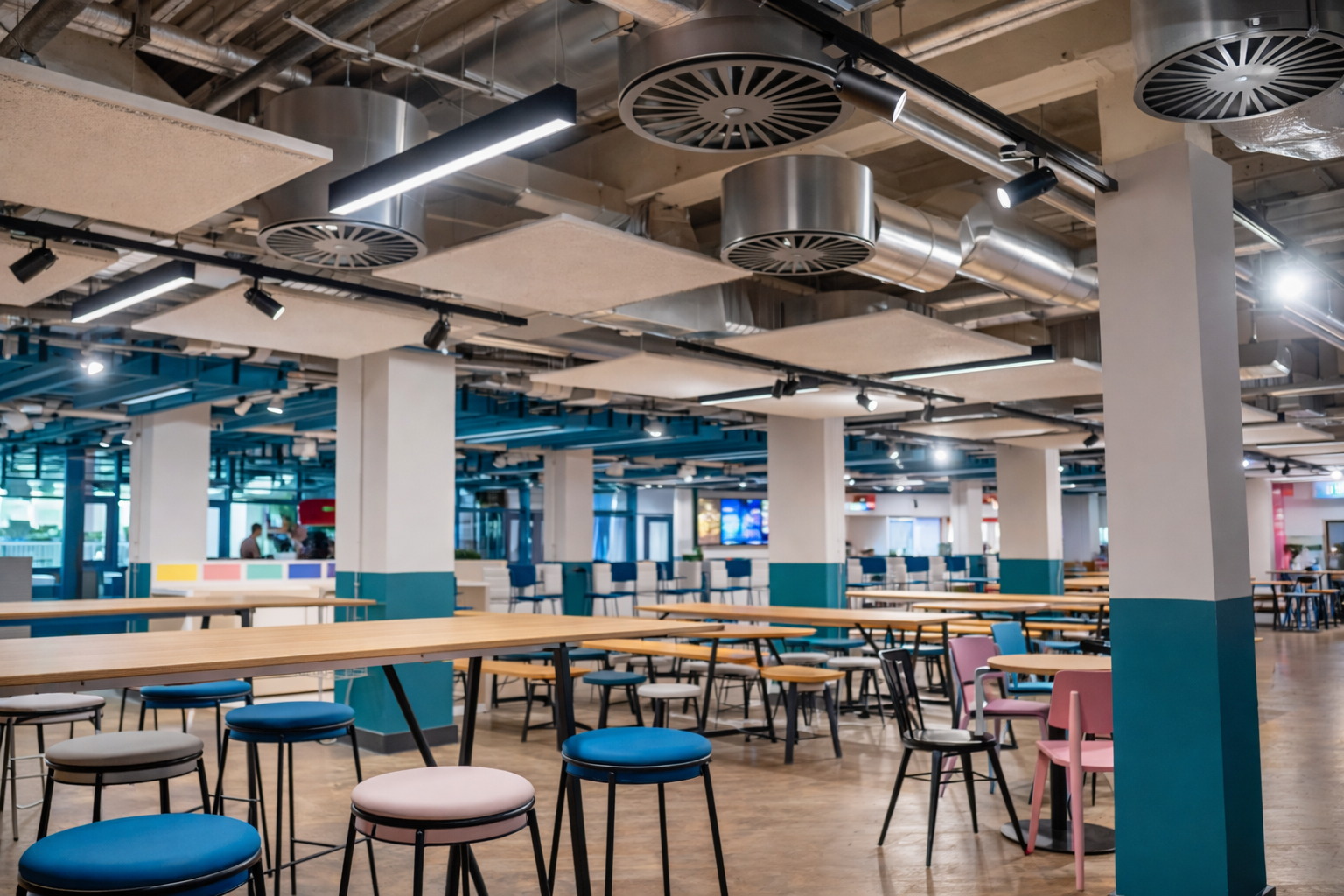 Spacious cafeteria with long wooden tables, colorful stools, and white columns. Ceiling has vents and lights.
