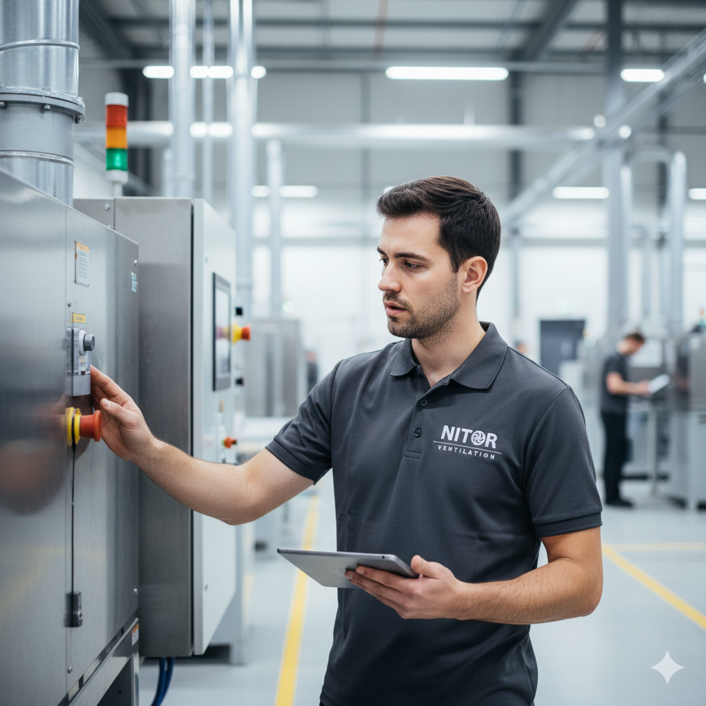 Man in gray shirt operates machinery, holding tablet, in factory setting.