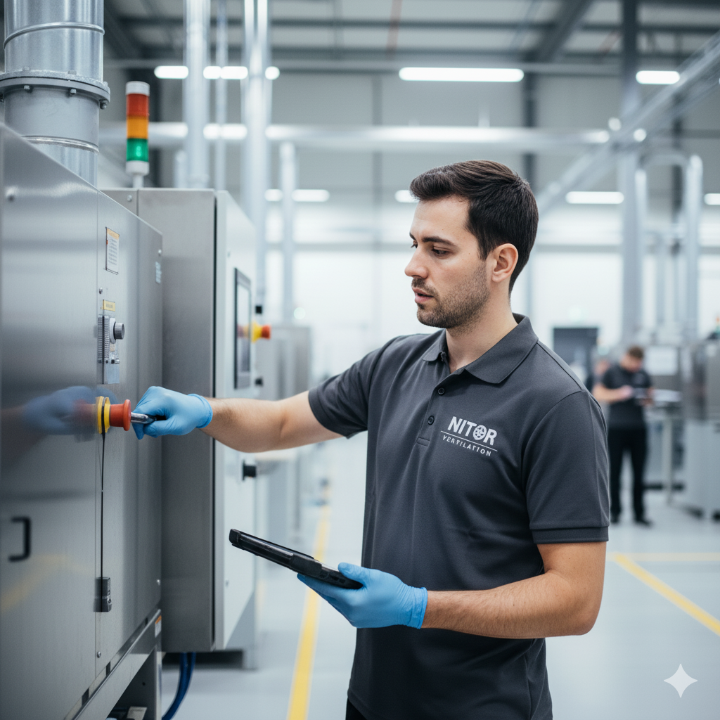 Man in blue gloves, operating machinery in a factory, holding a tablet.