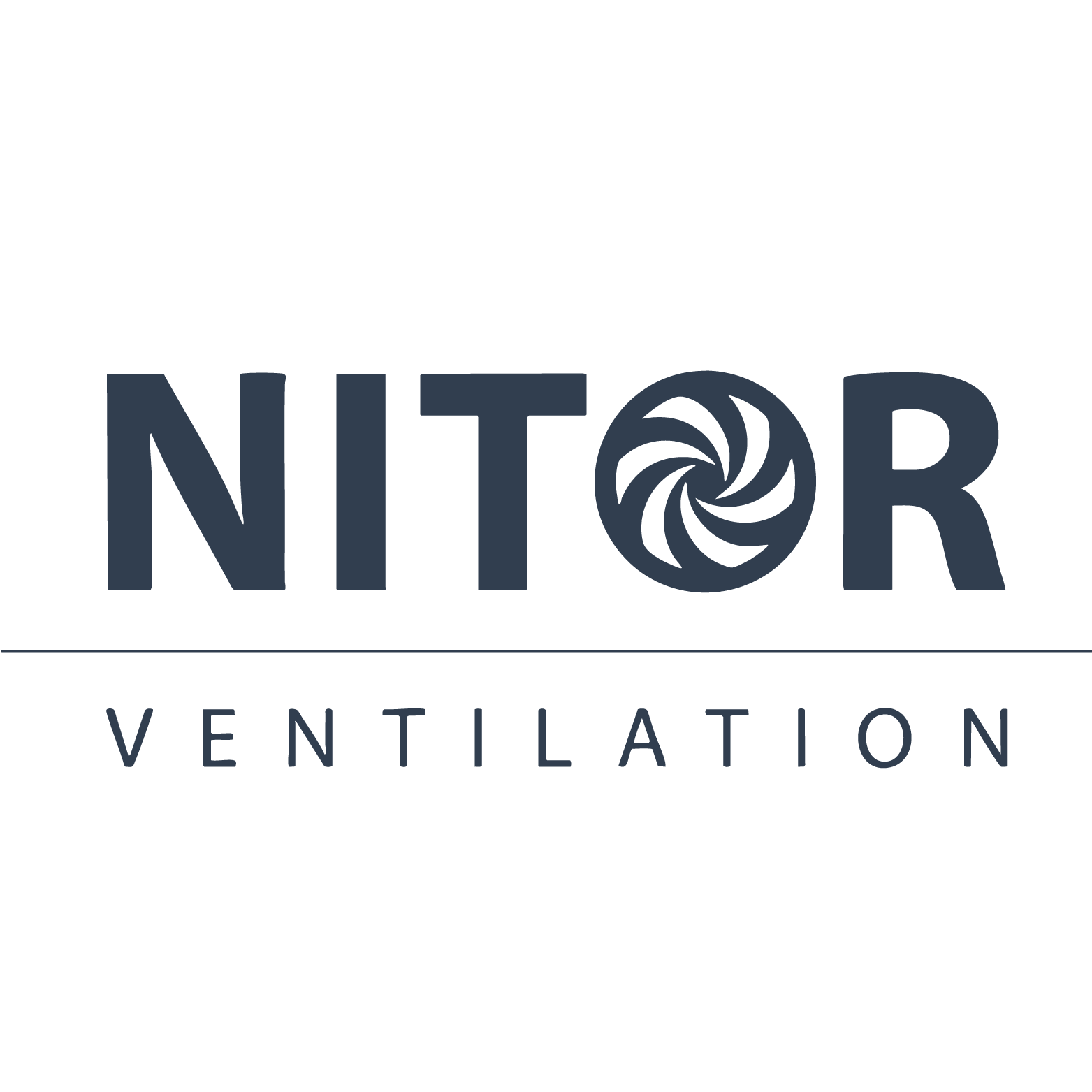 NITOR Ventilation logo with dark blue text and a stylized fan symbol.
