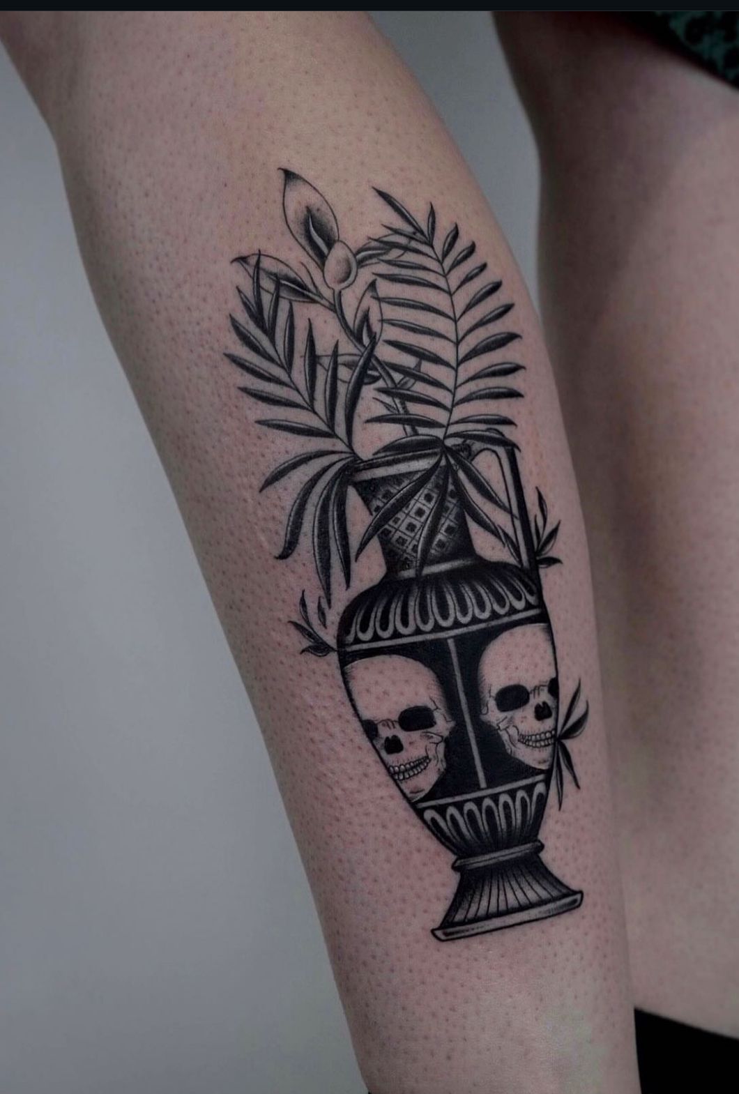 Black tattoo of vase with skulls, holding plants, on a leg.