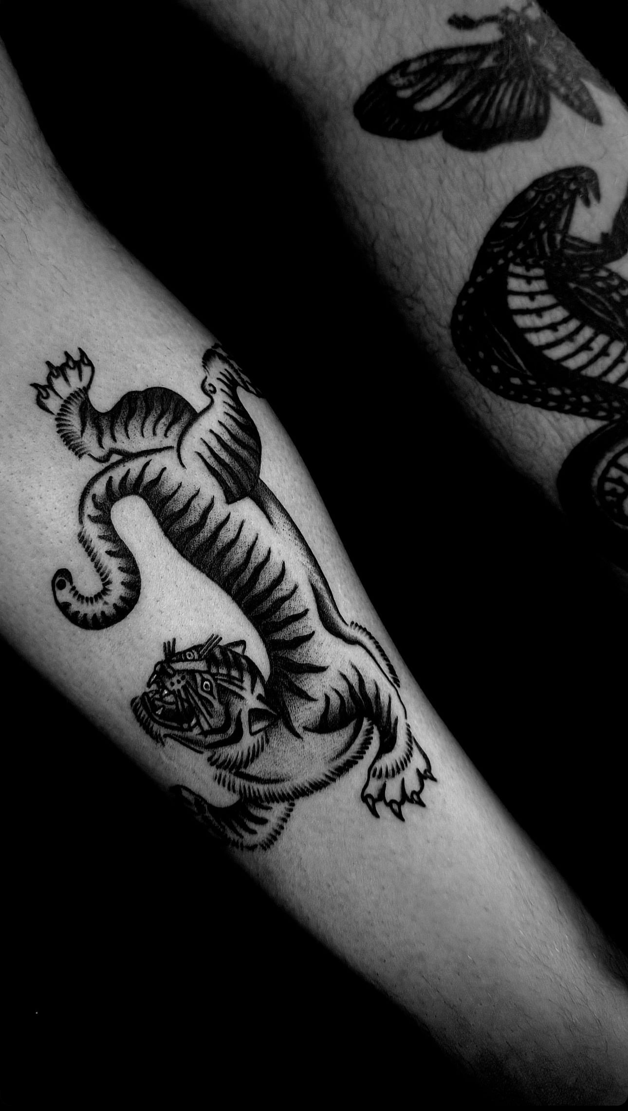 Tattoos of a tiger, cobra, and moth on a person's arm.