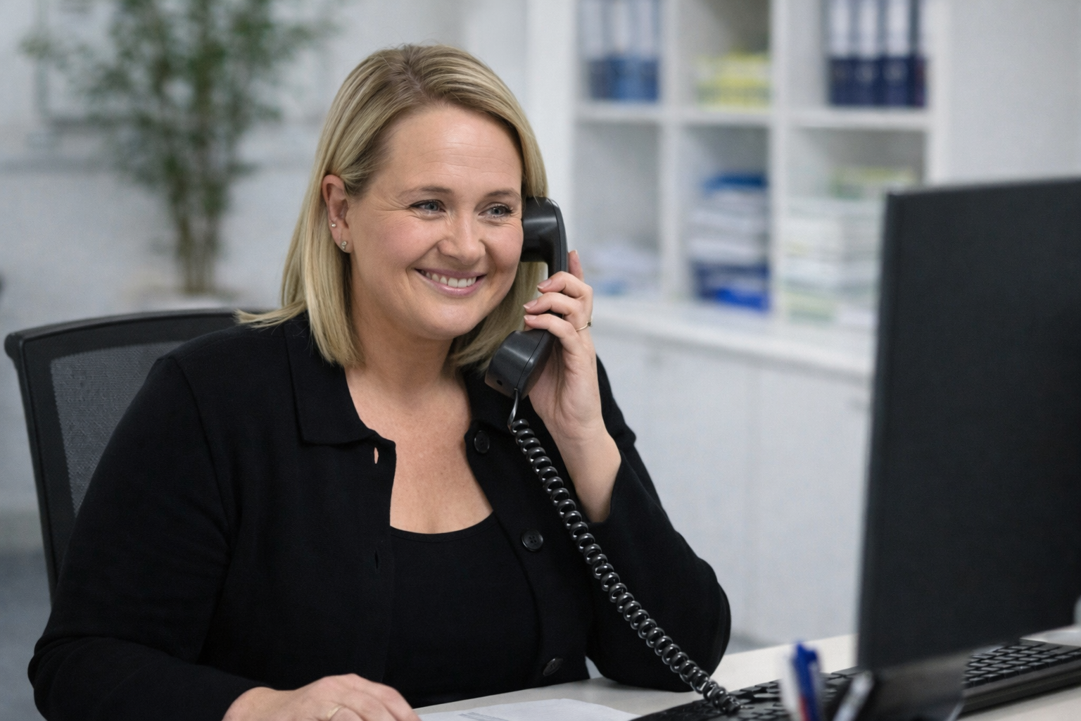 Woman smiling while talking on a landline phone at a desk with a computer.