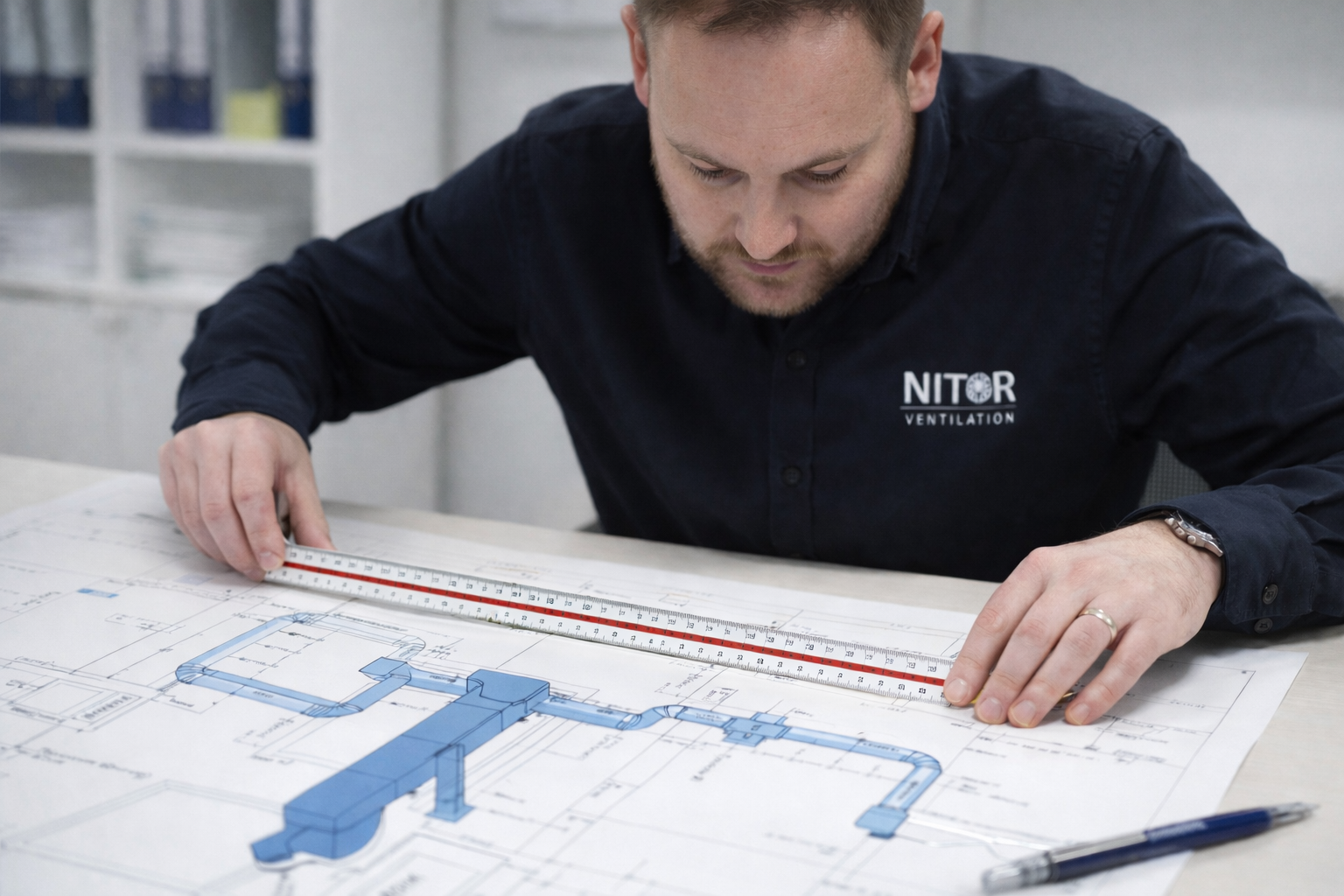 Man using a ruler to measure a blueprint. The plan shows blue pipe diagrams.