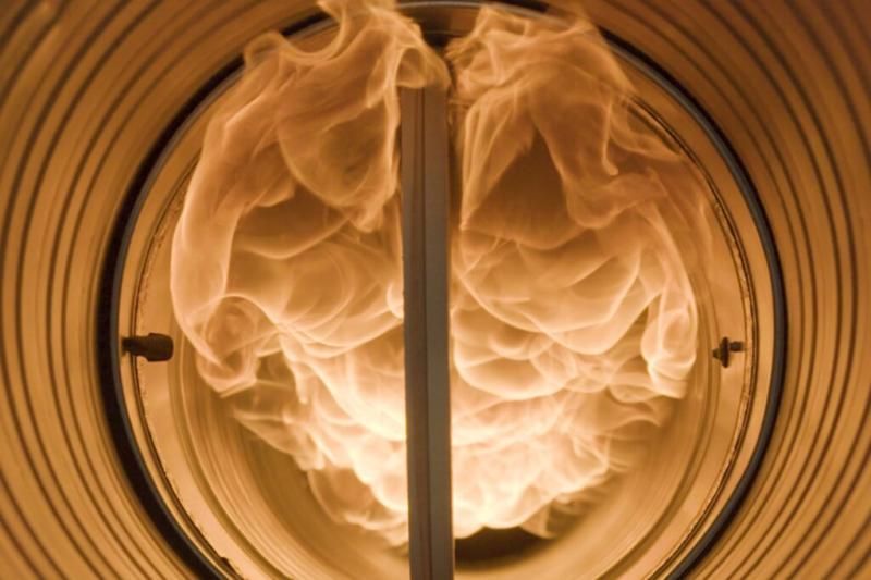 Flames inside a furnace chamber, visible from the opening.