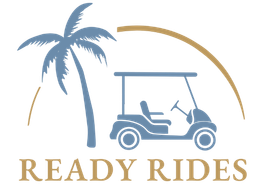 A logo for ready rides with a golf cart and palm tree