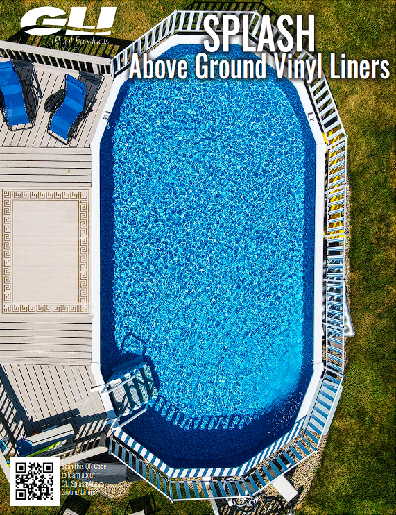 An aerial view of an above ground vinyl liner swimming pool.