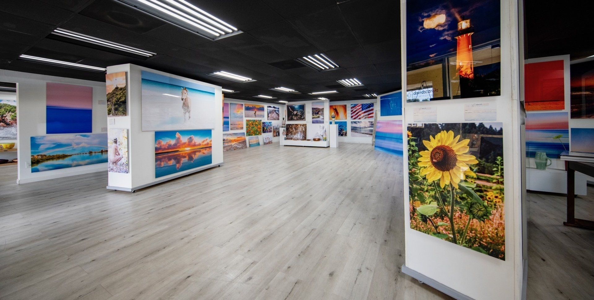 A large room filled with lots of pictures on the walls.