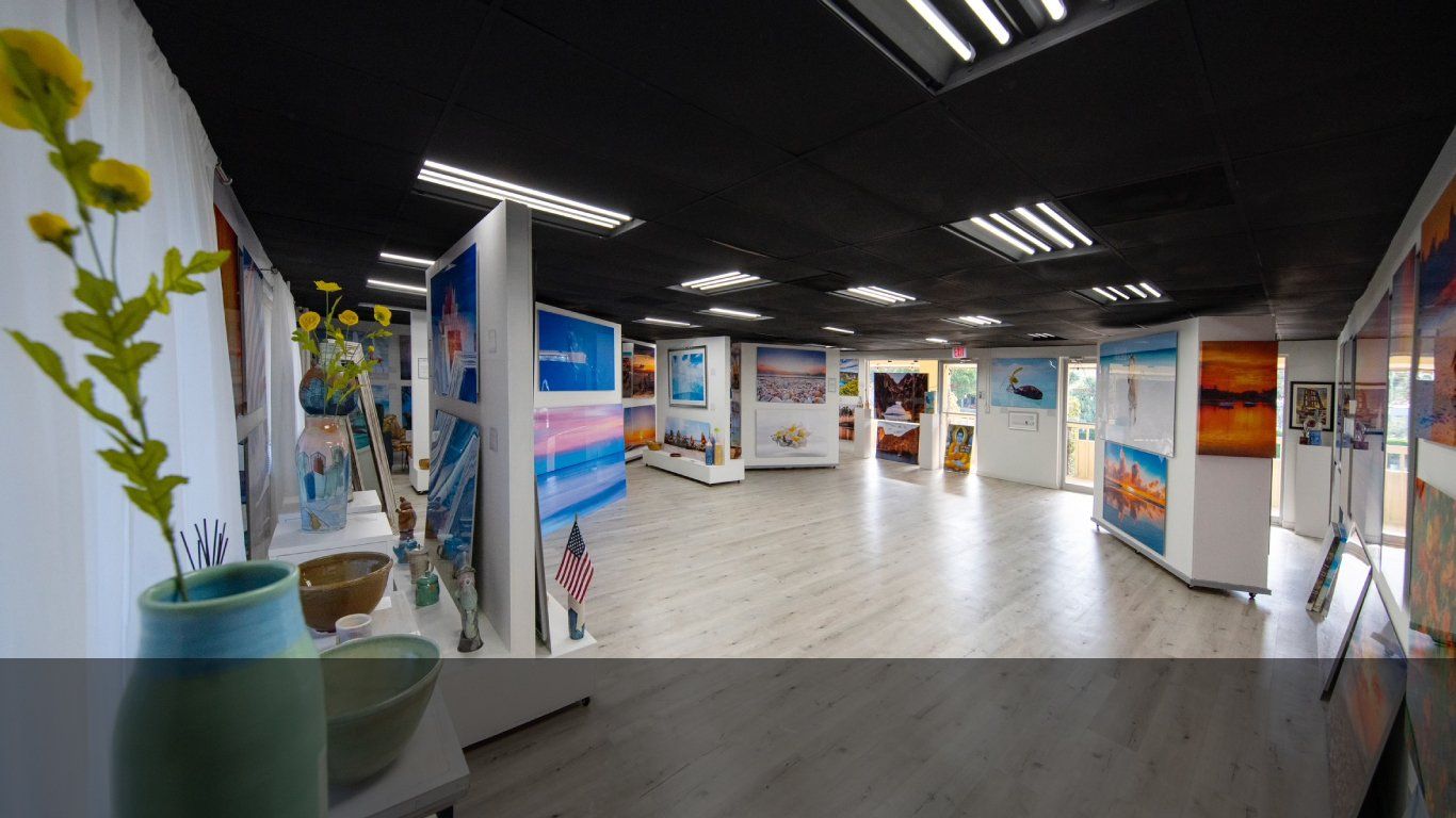 A large room filled with paintings and a vase of flowers.