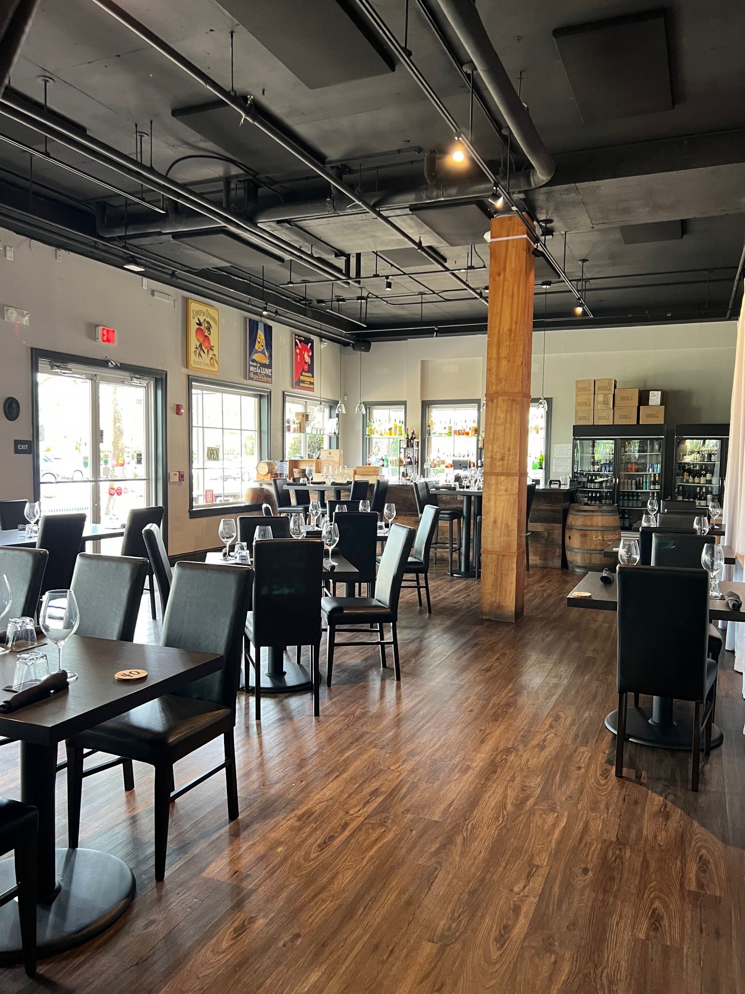 An aerial view of a restaurant with tables and chairs.