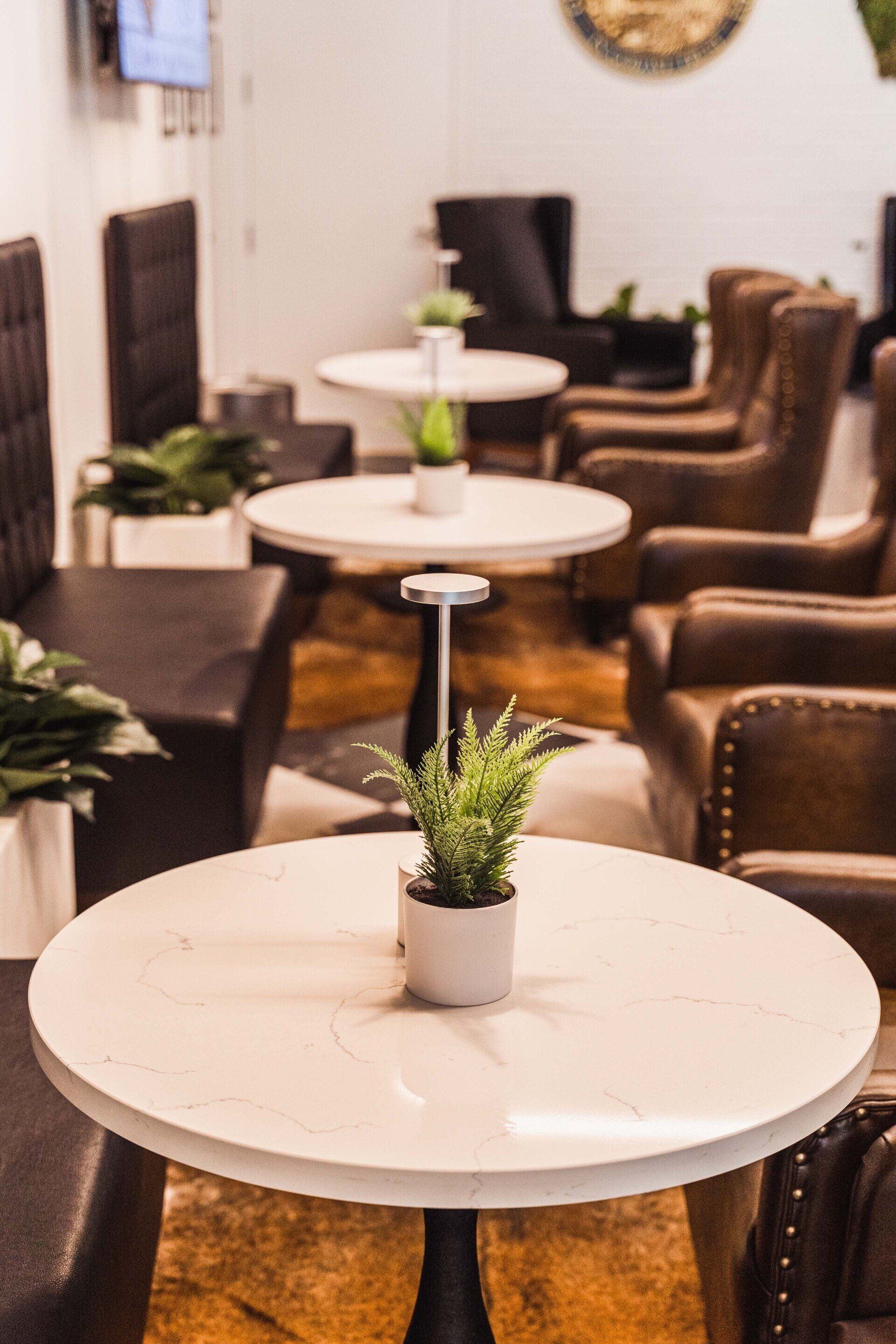 A row of tables with potted plants on them in a room.