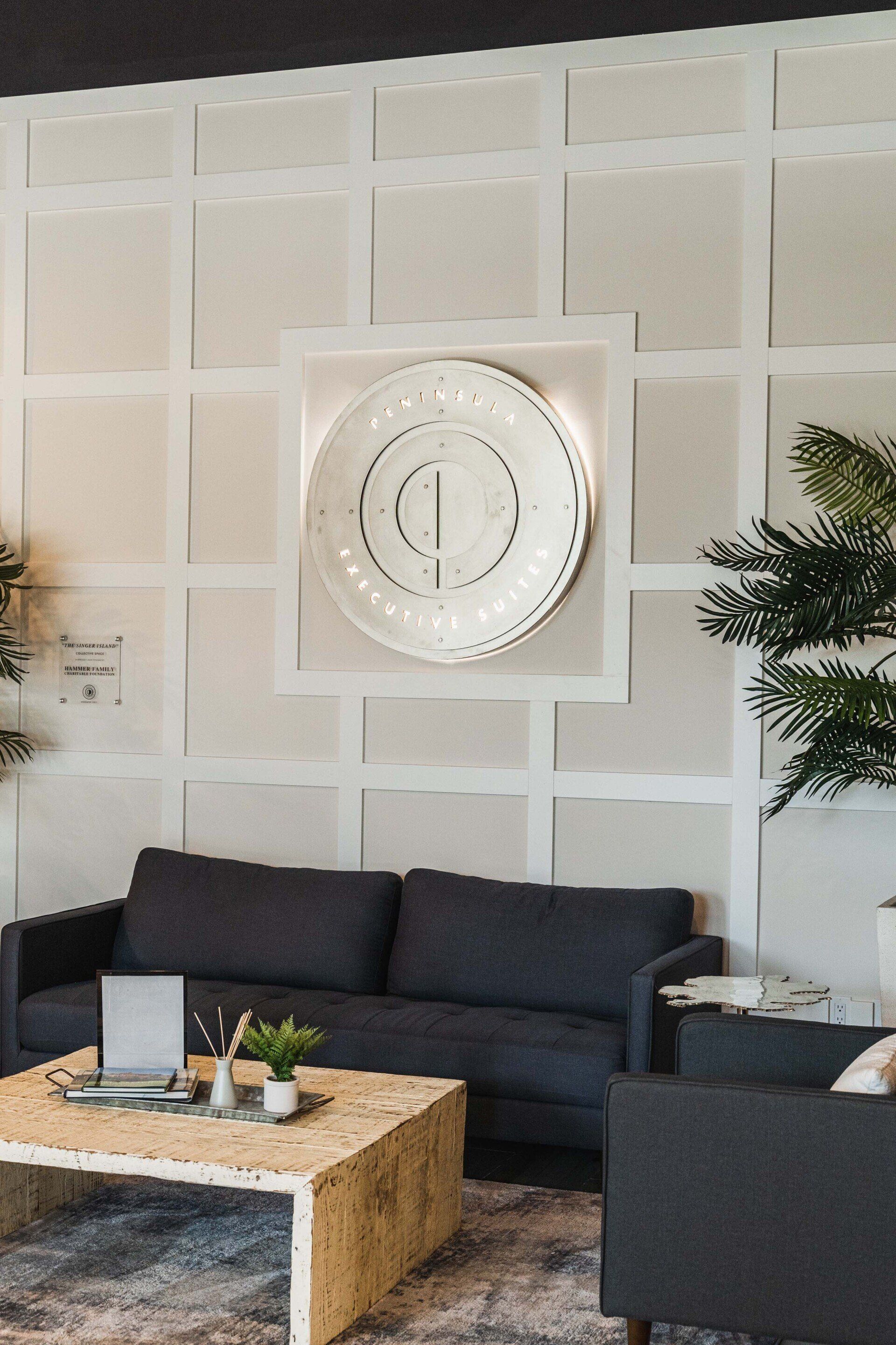 A living room with a couch and a coffee table