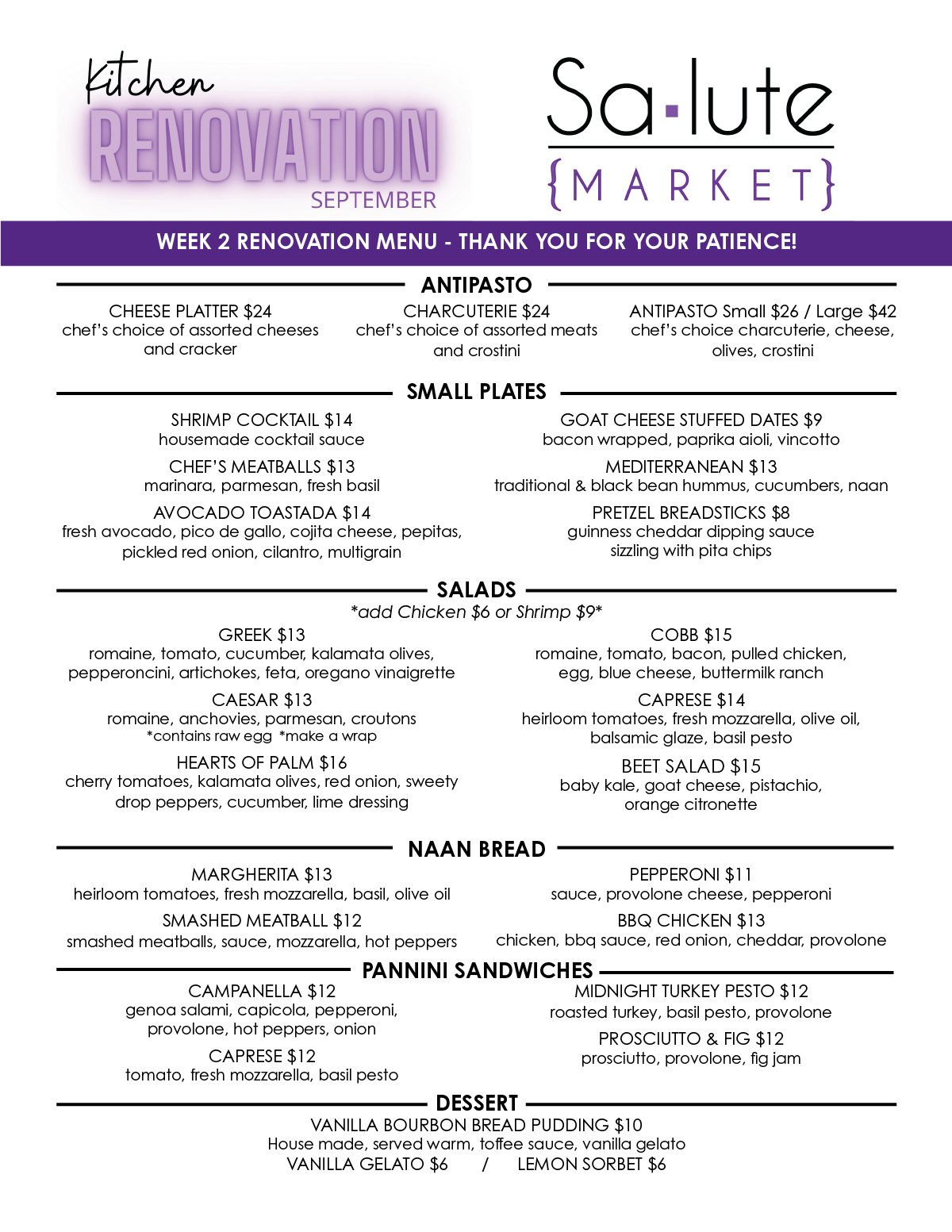 A menu for a restaurant called salute market.