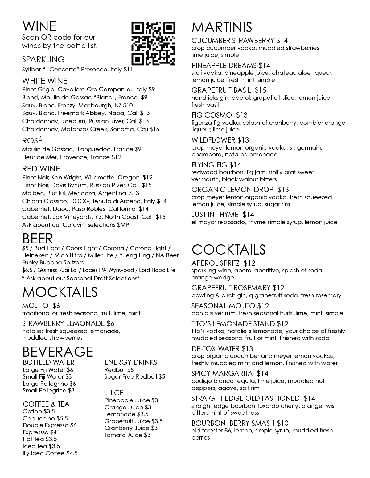 A menu for a restaurant shows a variety of drinks and beverages.