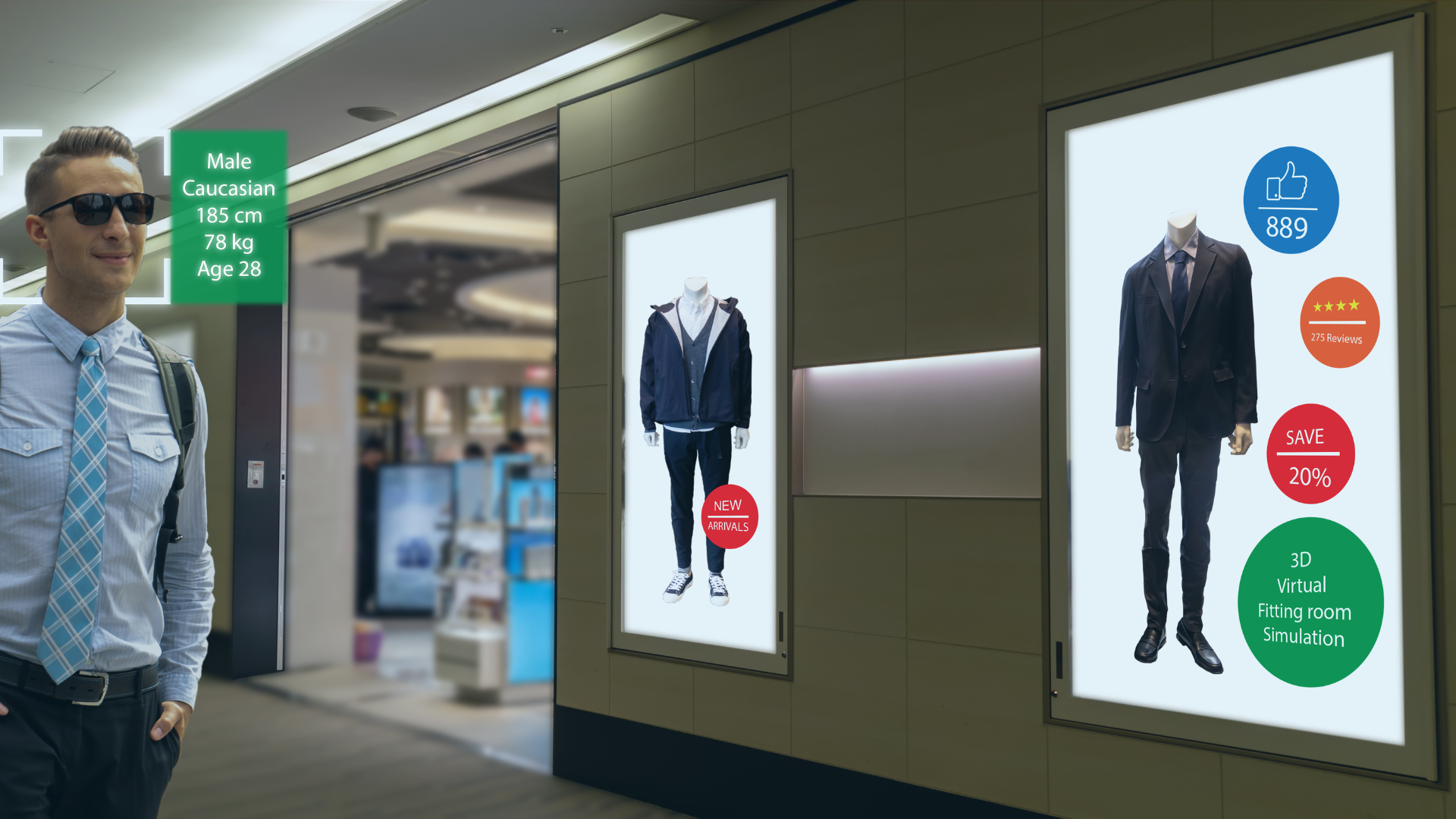 A man in a suit and tie is walking in a mall.