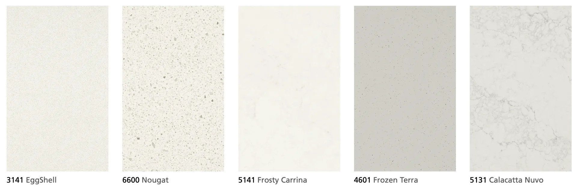 EggShell, Nougat, Frosty Carrina, Frozen Terra, and Calacatta Nuvo.