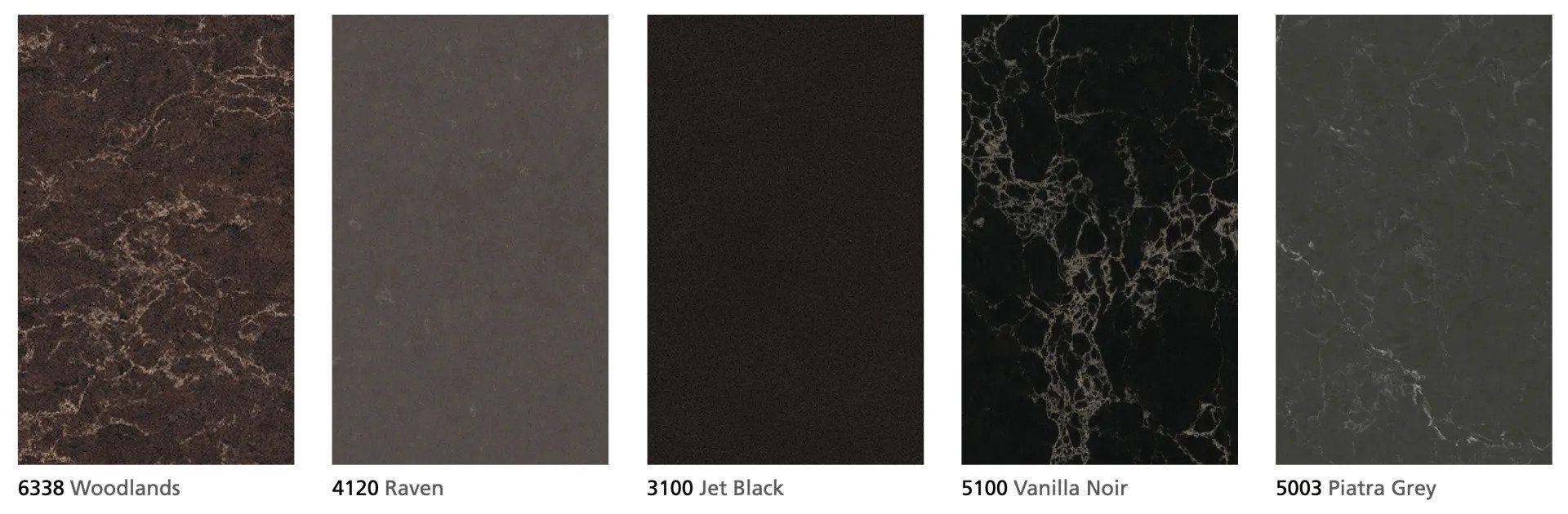 A row of tiles with different shades of black and grey labeled Woodlands, Raven, Jet Black, Vanilla Noir, and Piatra Grey.