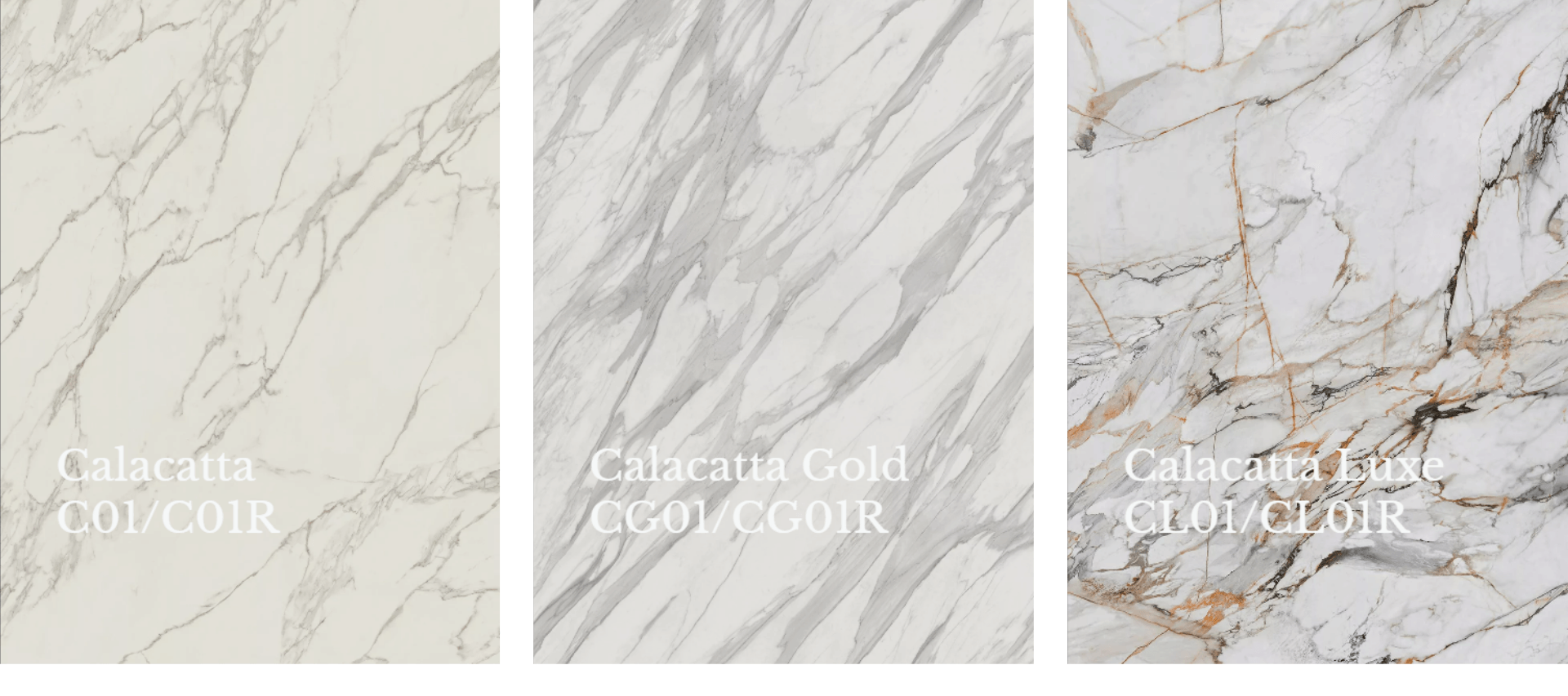 Three different types of marble are shown in a row labeled Calacatta C01/C01R, Calacarra Gold, and Calacatta Luxe.