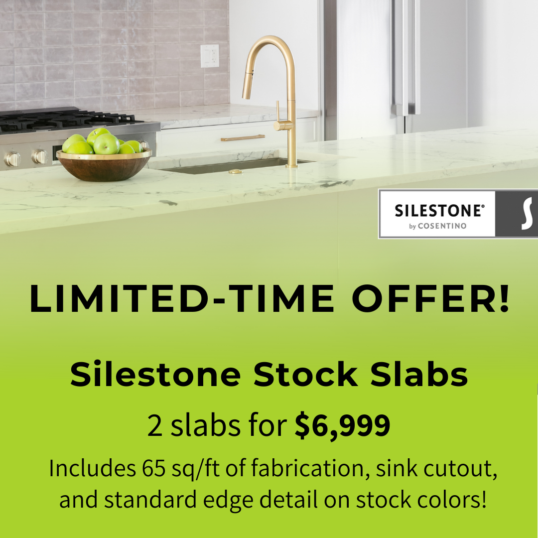 An advertisement for a dekton promotional two slab deal that reads: Dekton Promotional Two Slab Deal $6999. Select from certain dekton quartz colors Choose from any Dekton colors in Group 0 and 1 with a few select colors from group 2. 65 sq ft of fabrication & installation 1 sink cutout and miter edge detail