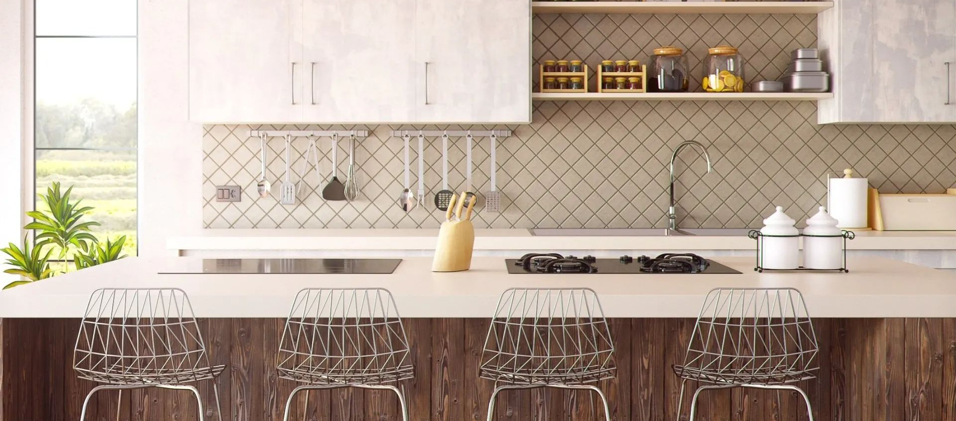 Modern kitchen with white cabinetry, wooden accents, and a breakfast bar with clear chairs.