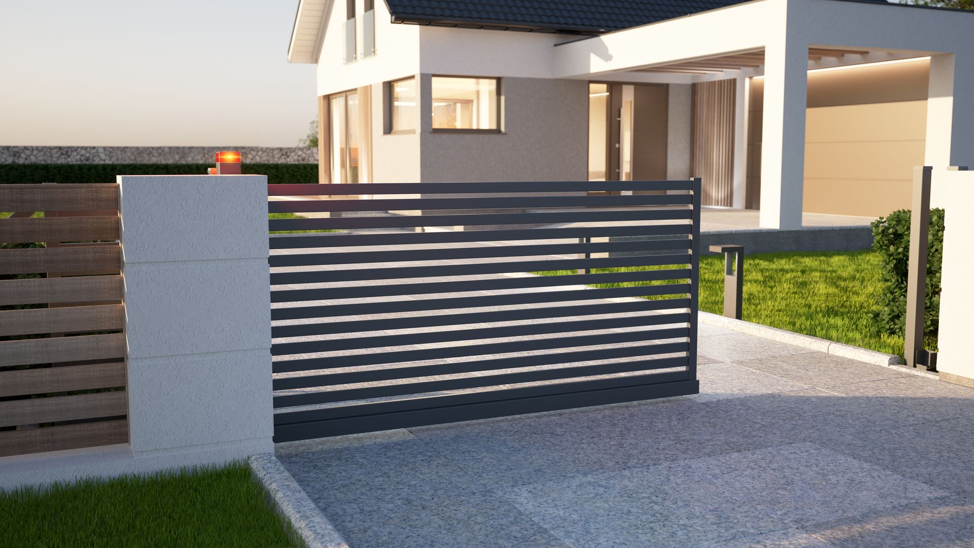 A modern house with a sliding gate in front of it.