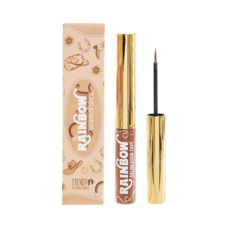 Una caja de color beige con temática del oeste y un delineador de ojos líquido marrón