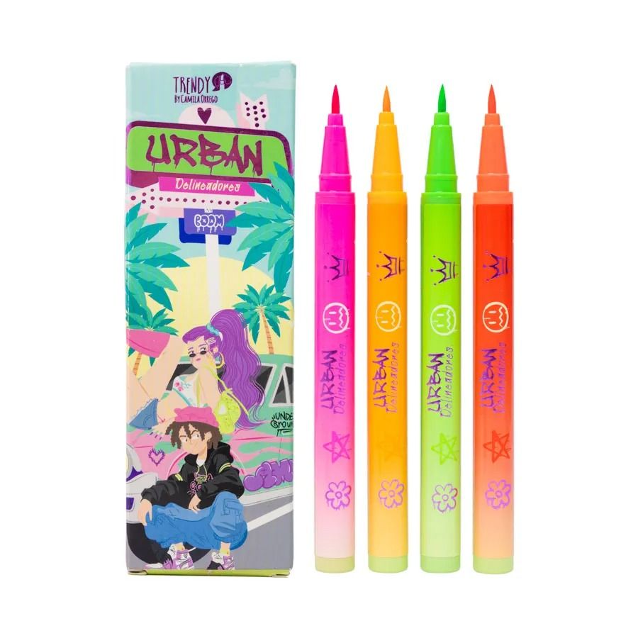 Un juego de cuatro rotuladores de colores junto a su envase rectangular, que presenta ilustraciones urbanas estilizadas.
