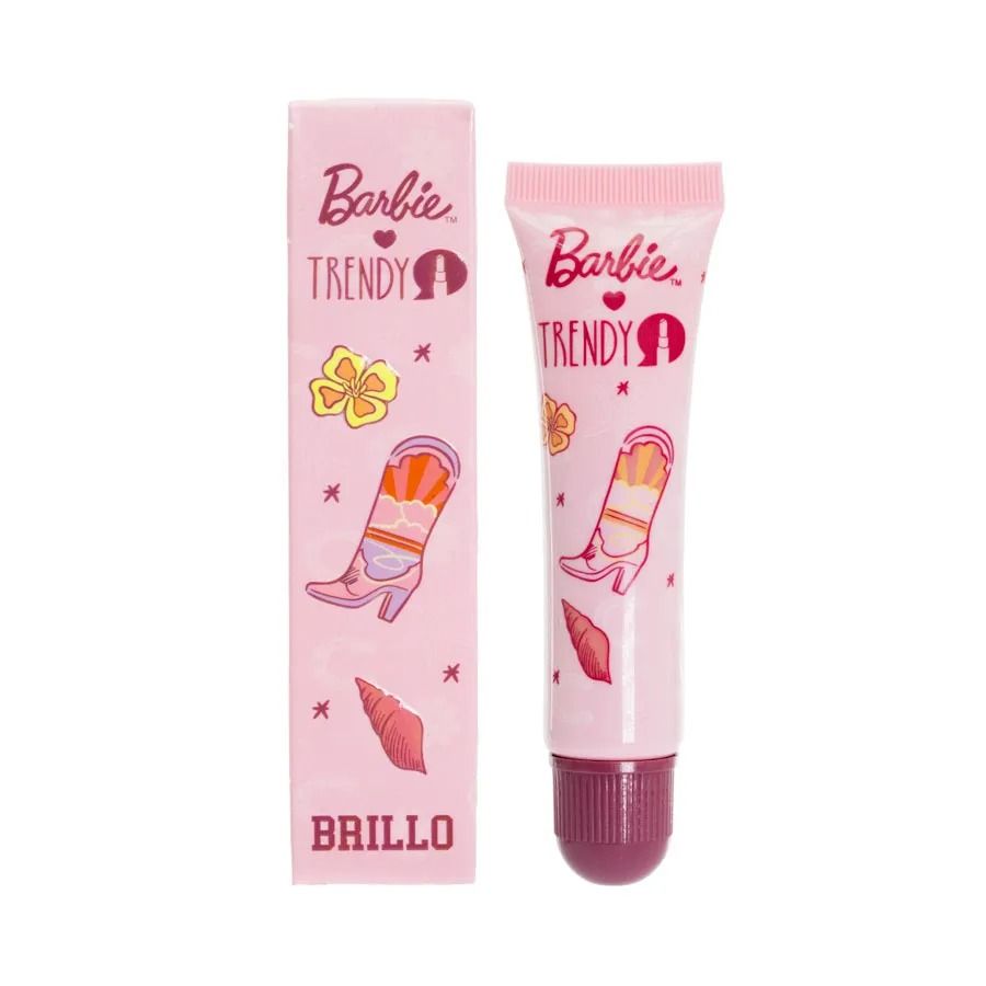Un tubo de brillo labial de la marca Barbie Trendy y su caja rosa 