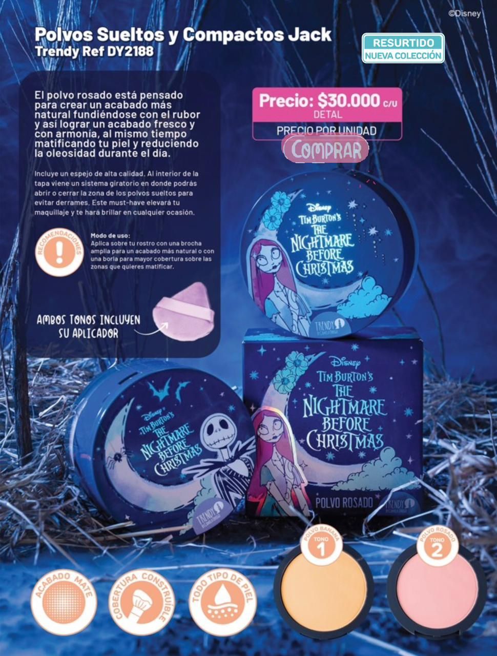 Anuncio de polvos faciales con temática de Pesadilla antes de Navidad, que muestra el envase del producto con Sally y Jack.